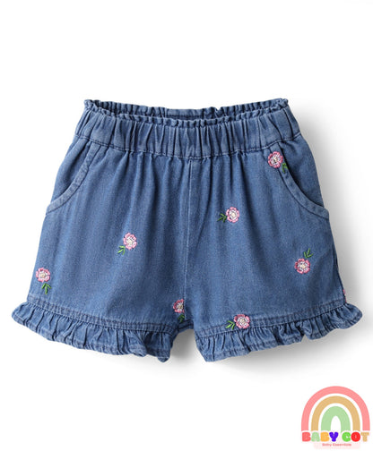 100% Cotton Half Sleeves Peter Pan Collar Top & Shorts Set with Floral Embroidery - Blue