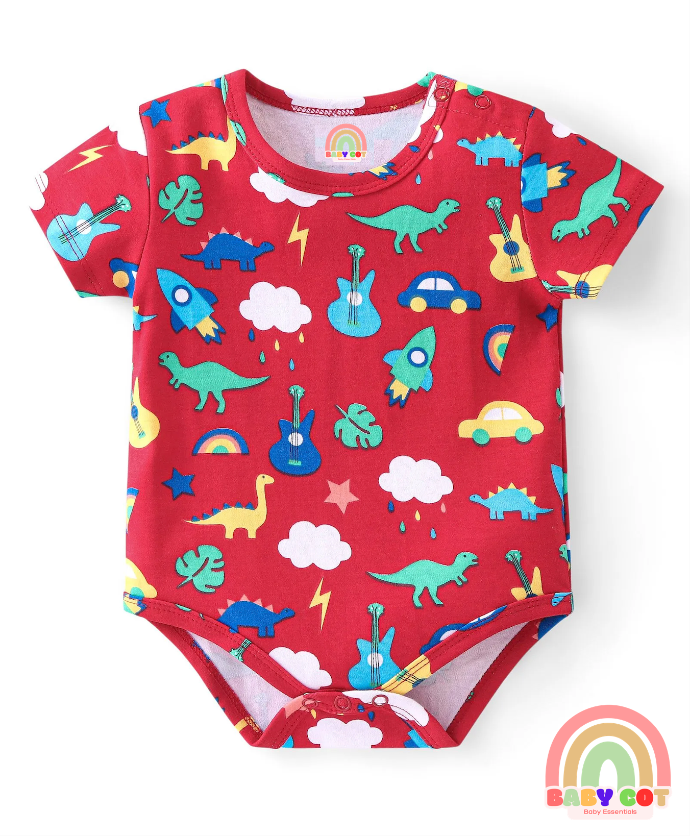 100% Cotton Knit Half Sleeves Onesies with Star & Dino Print Pack of 3 - Blue Yellow & Red
