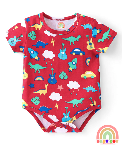 100% Cotton Knit Half Sleeves Onesies with Star & Dino Print Pack of 3 - Blue Yellow & Red