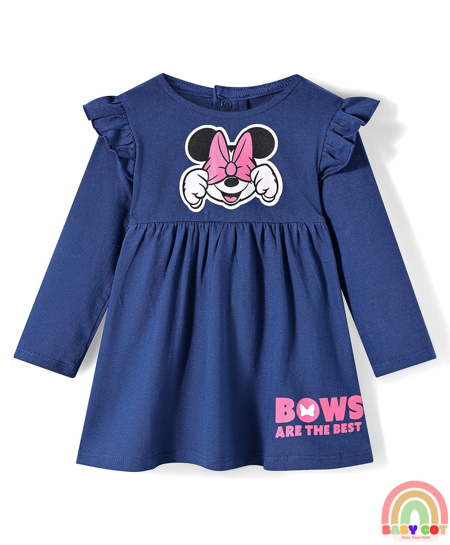 Single Jersey Knit Full Sleeves Frocks With Minnie Mouse Graphics & Frill Detailing Pack of 2 - Pink & Navy Blue