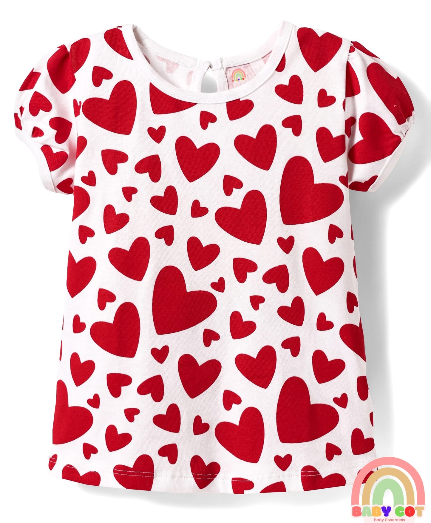 Cotton Knit Half Puffed Sleeves T-Shirts with Bow & Heart Print Pack of 3 - Red White & Navy Blue