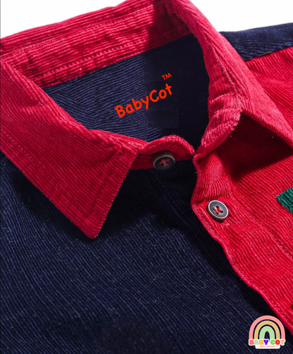 Full Sleeves Color Blocked Corduroy Shirt - Red Navy & Green