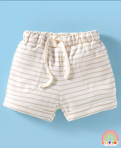 Interlock Knit Half Sleeves Striped T-Shirt & Shorts Set With Animal Print - Cream