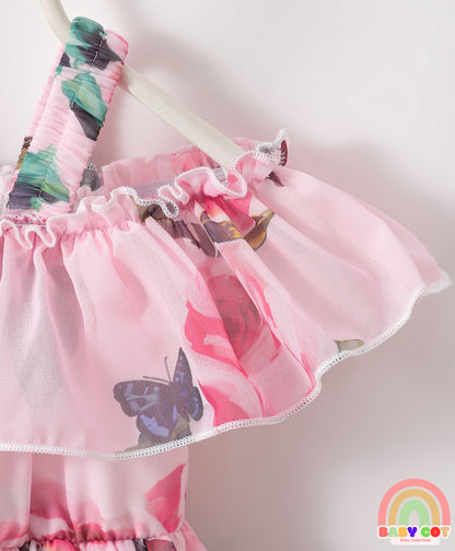 Cold Shoulder Sleeves Frock with Floral Print & Frill Detailing - Pink