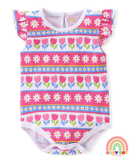 100% Cotton Knit Sleeveless with Frill Detailing Onesie Pack of 3 Text & Floral Print - Mutlicolour