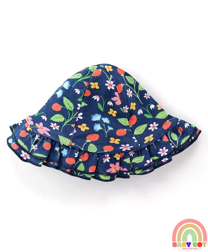 100% Cotton Interlock Knit Sleeveless Onesies With Cap & Floral Print - Navy Blue