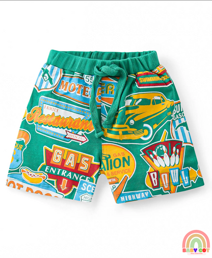 Cotton Knit Shorts with Car & Text Print Pack of 3 - Blue Green & Yellow