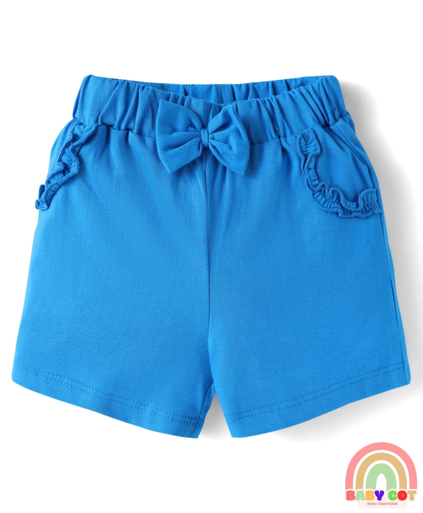 Cotton Knit Mid Thigh Lenght Shorts with Floral Print & Bow Applique Pack of 3 - Blue White & Dark Pink