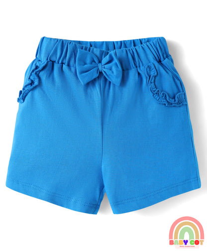 Cotton Knit Mid Thigh Lenght Shorts with Floral Print & Bow Applique Pack of 3 - Blue White & Dark Pink