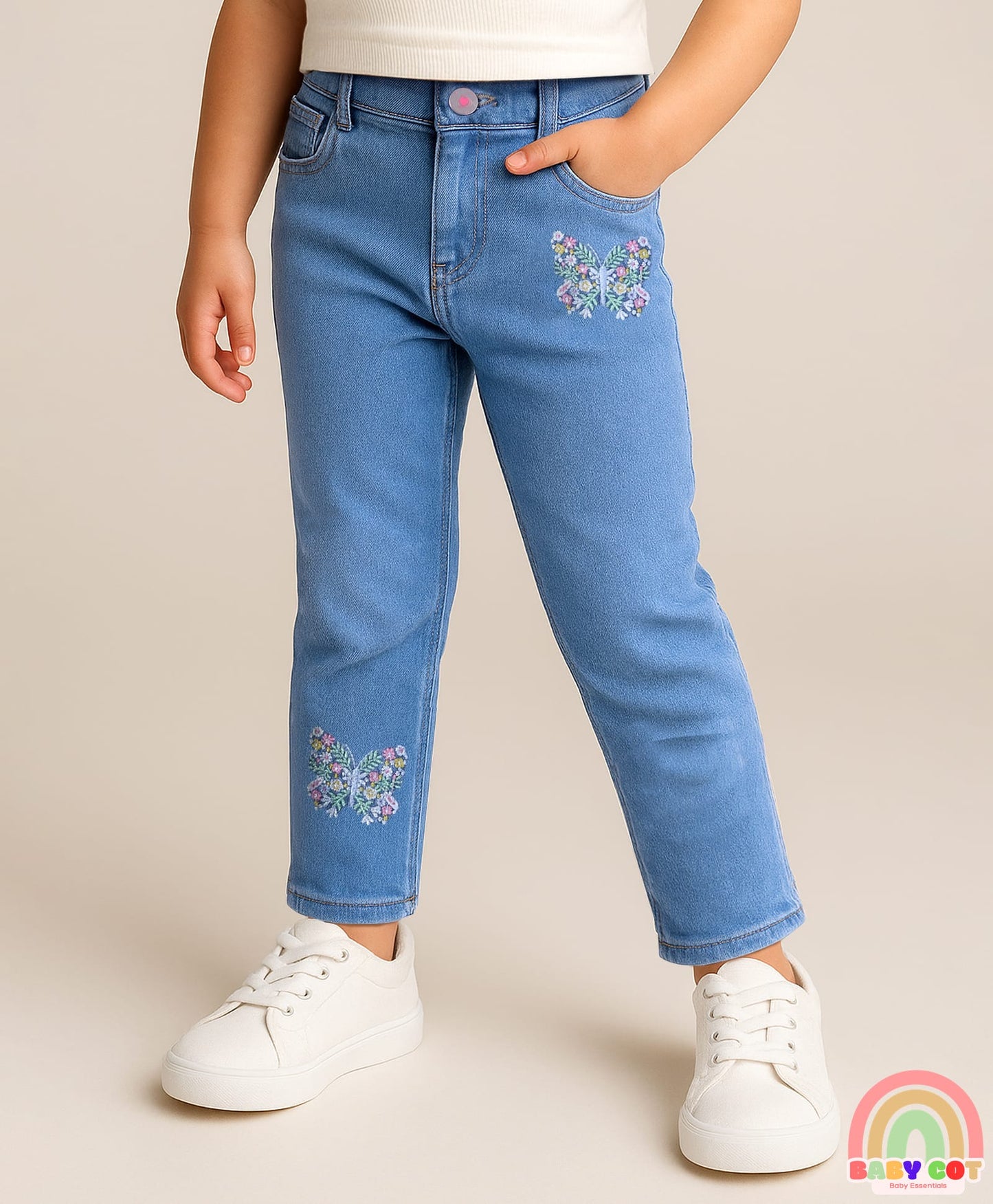 Woven Full Length Washed Denim Jeans With Stretch & Floral Embroidery - Blue