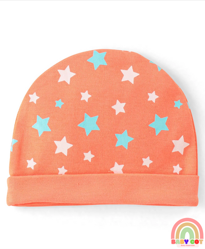 100% Cotton Knit Star Printed Cap Mittens & Booties Set- Orange