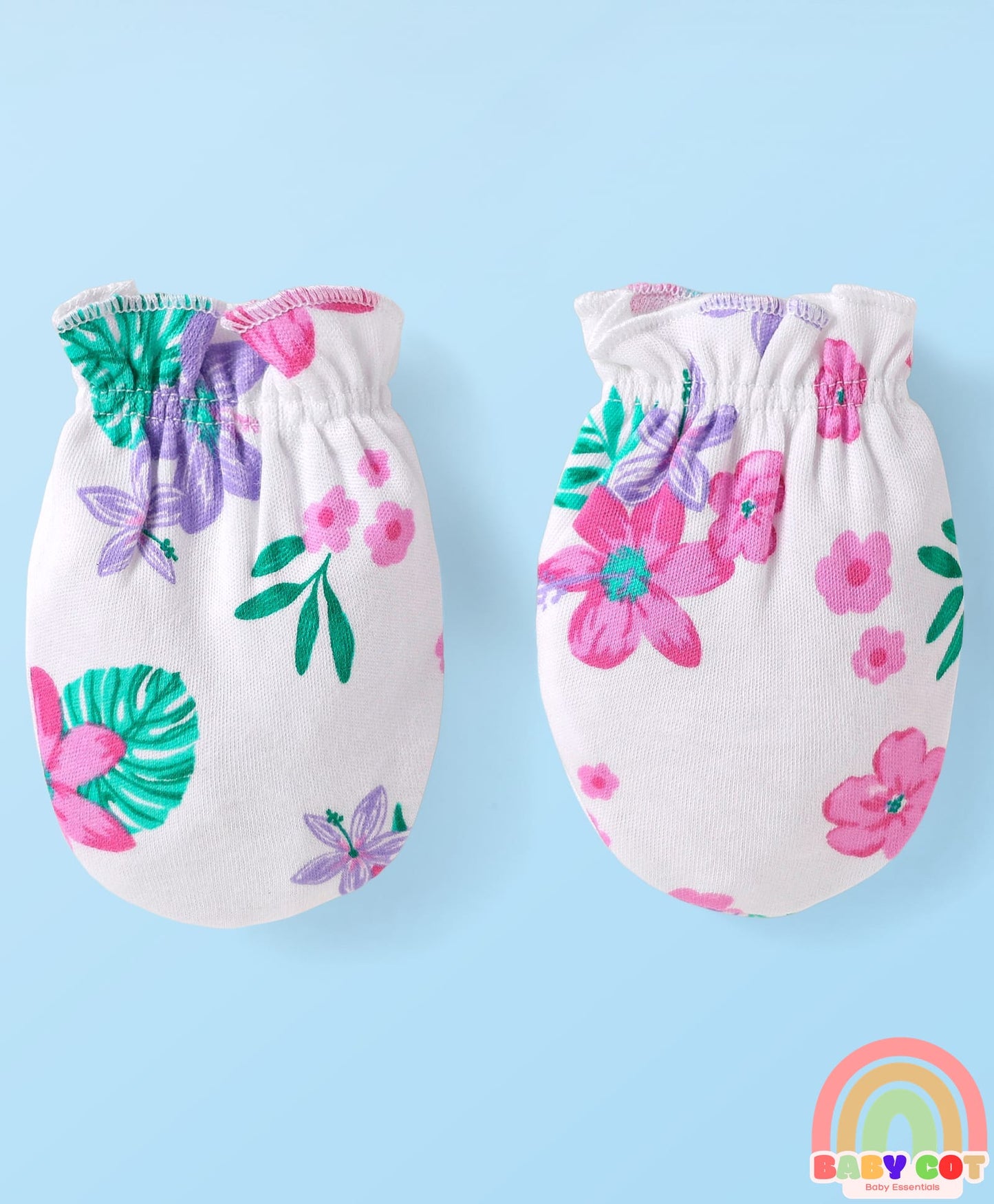 100% Cotton Knit Half Sleeves Floral Printed Onesie with Hairband & Mittens Booties - White