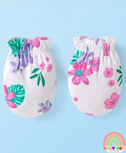 100% Cotton Knit Half Sleeves Floral Printed Onesie with Hairband & Mittens Booties - White