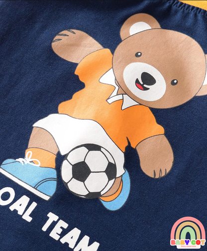 Cotton Knit Full Raglan Sleeves T-Shirt With Teddy Bear Print - Navy Blue