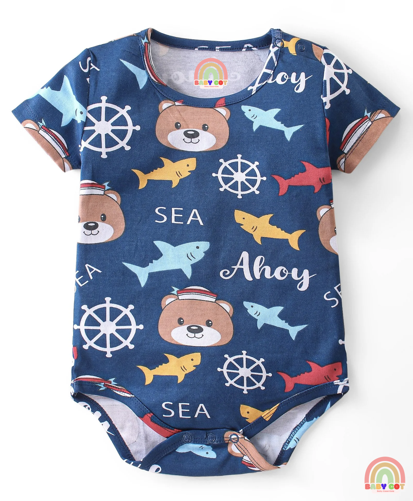 100% Cotton Knit Half Sleeves Striped & Bear Printed Onesies Pack of 3 - Multicolour