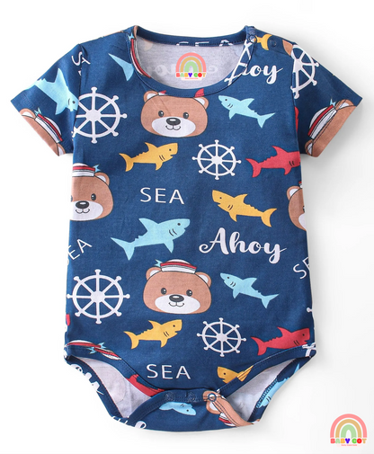 100% Cotton Knit Half Sleeves Striped & Bear Printed Onesies Pack of 3 - Multicolour