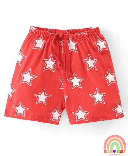 Cotton Knit Single Jersey Shorts With Stars & Teddy Bear Print Pack Of 3 - Yellow Blue & Red