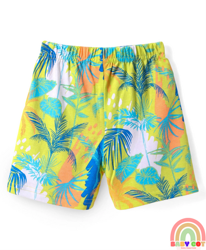 Cotton Knit Mid Thigh Shorts with Tropical Theme Print & Stripes Pack of 3 - Multicolor