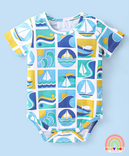 100% Cotton Half Sleeves Onesies With Text Print Pack of 3 - Green Yellow & Blue