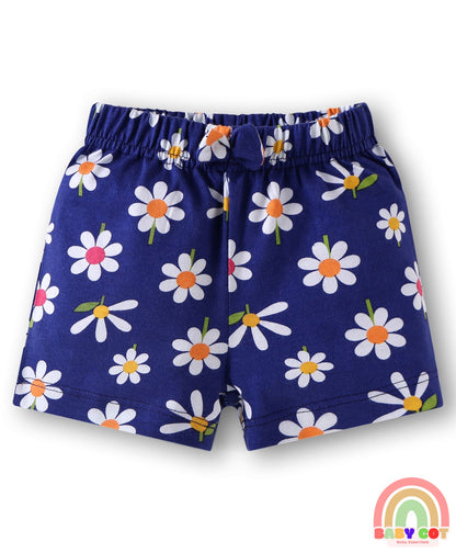 Cotton Knit Mid Thigh Polka Dots & Floral Printed Shorts with Bow Applique Pack of 3 - Navy Blue Pink & Orange