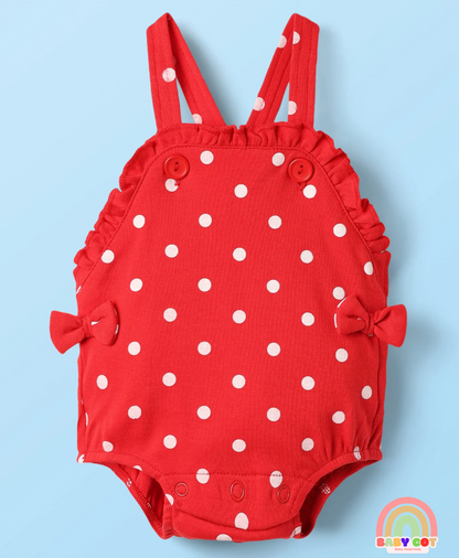100% Cotton Knit Half Sleeves T-Shirt & Onesies with Hairband With Polka Dots - Red