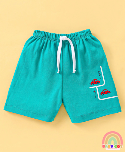 100% Cotton Knit Half Sleeves T-Shirt & Shorts Set with Car Print - Green