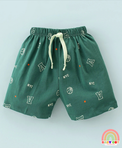 100% Cotton Knit Half Sleeves T-Shirt & Shorts With Text Print - Green