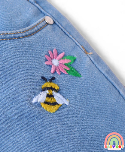 Full Length Washed Denim Jeans With Floral & Honey Bee Embroidery & Stretch - Blue