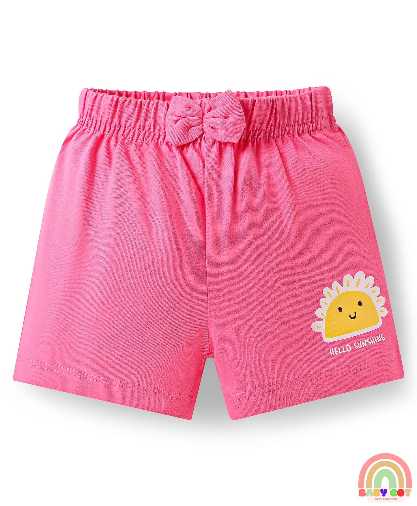 Cotton Single Jersey Knit Mid Thigh Polka Dots & Tropical Theme Printed Shorts with Bow Applique Pack of 3 - Pink Yellow & Blue