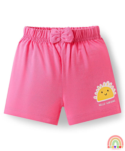 Cotton Single Jersey Knit Mid Thigh Polka Dots & Tropical Theme Printed Shorts with Bow Applique Pack of 3 - Pink Yellow & Blue