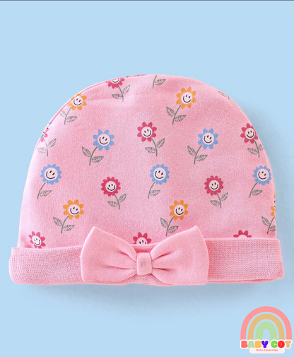 100% Cotton Knit Cap Mittens & Booties Set with Floral Print - Pink