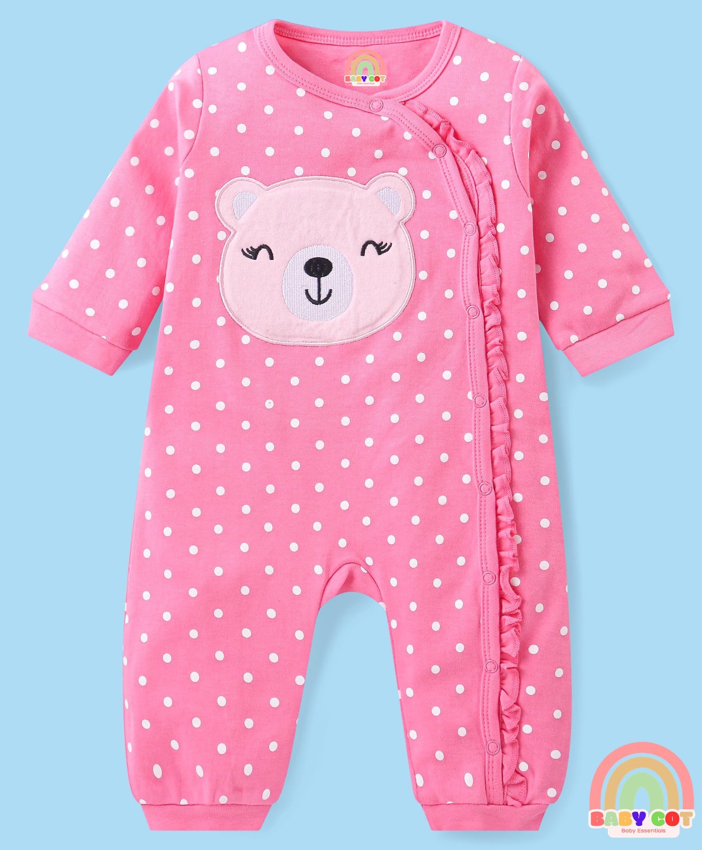 100% Cotton Knit Full Sleeves Rompers with Polka Dots & Bear Print Pack of 2 - Pink & White