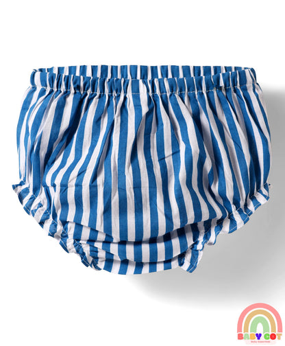 Single Jersey Knit Collar Neck Sleeveless Striped Frock With Bloomers & Belt - Blue