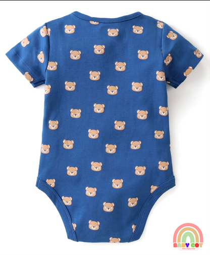 100% Cotton Knit Half Sleeves Onesies Stripes & Bear Print Pack Of 5 - Blue Yellow & White