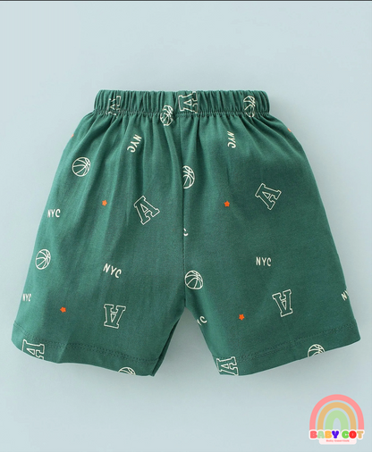 100% Cotton Knit Half Sleeves T-Shirt & Shorts With Text Print - Green
