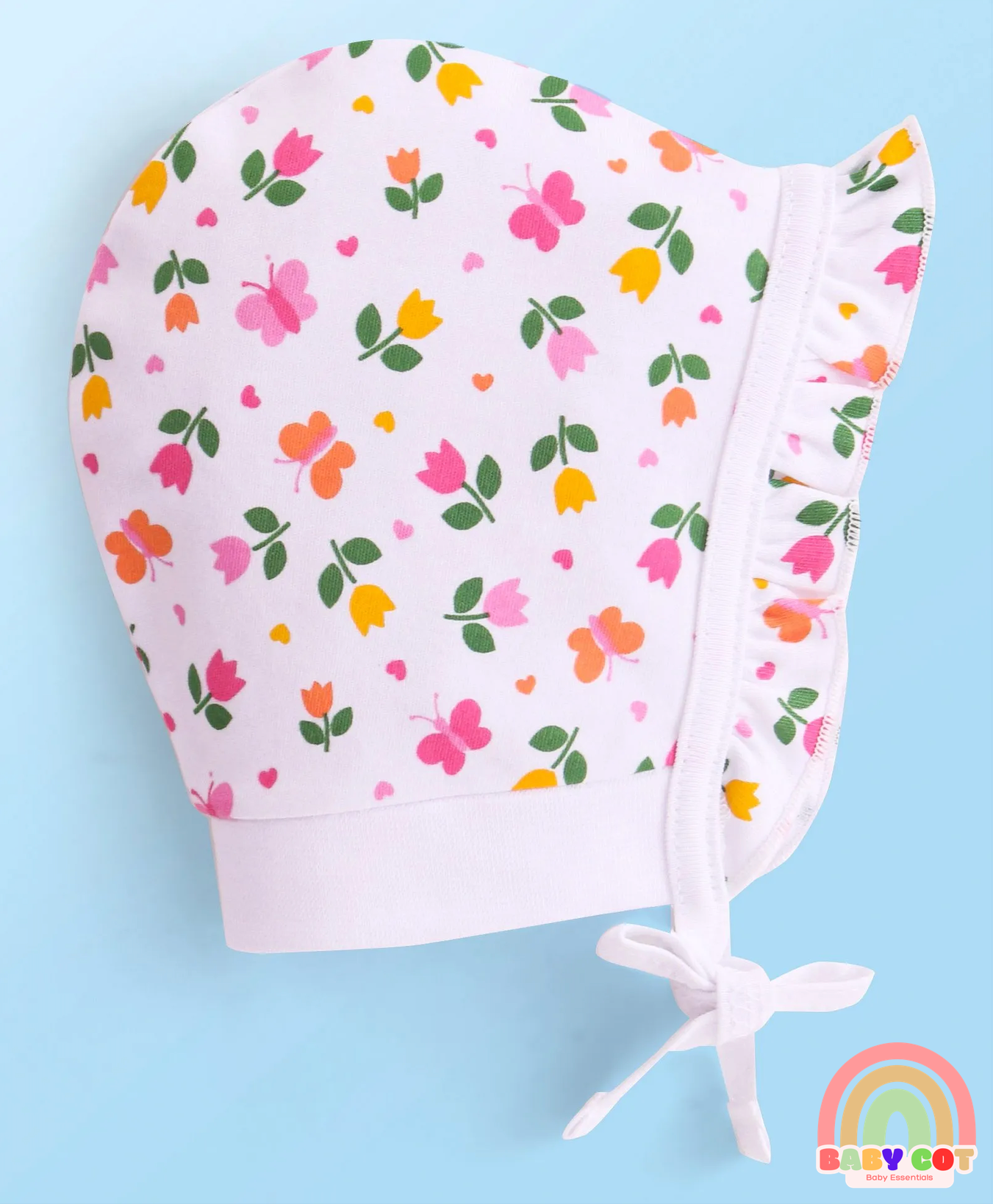 100% Cotton Interlock Knit Caps With Hearts & Floral Print Pack of 2 - Pink & White