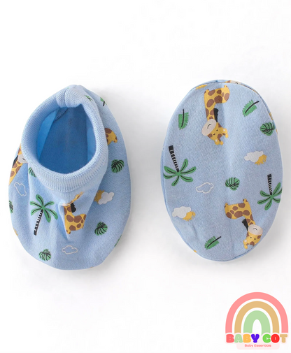 100% Cotton Cap Mittens & Booties Set Giraffe Print - Blue