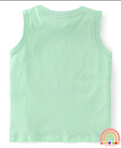 100% Cotton Knit Sleeveless T-Shirt With Striped & Jungle Theme Graphics Pack Of 3 - Orange Green & Blue
