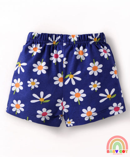 Cotton Knit Mid Thigh Polka Dots & Floral Printed Shorts with Bow Applique Pack of 3 - Navy Blue Pink & Orange