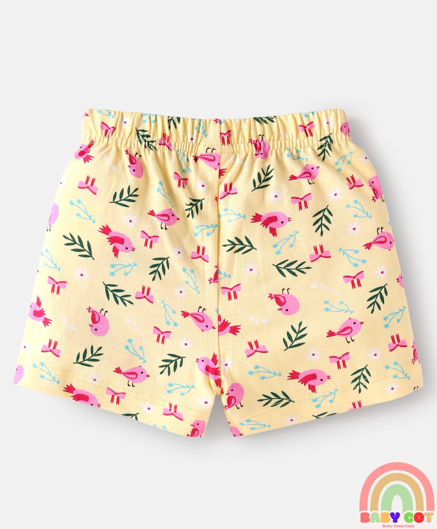 Single Jersey Knit Mid Thigh Shorts with Polka Dots & Bird Print with Bow Applique Pack of 3 - Pink Beige & Dark Pink