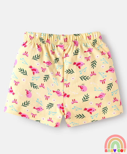 Single Jersey Knit Mid Thigh Shorts with Polka Dots & Bird Print with Bow Applique Pack of 3 - Pink Beige & Dark Pink