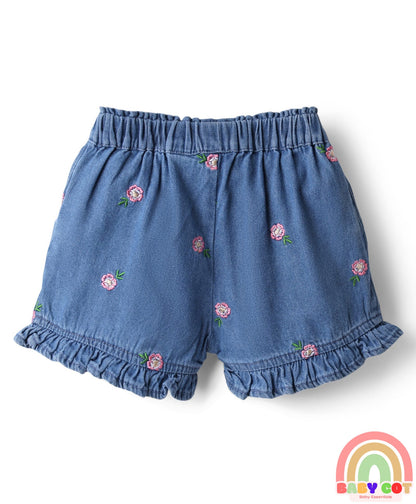 100% Cotton Half Sleeves Peter Pan Collar Top & Shorts Set with Floral Embroidery - Blue