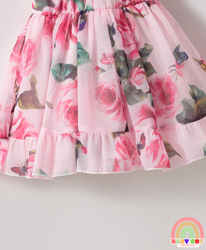 Cold Shoulder Sleeves Frock with Floral Print & Frill Detailing - Pink