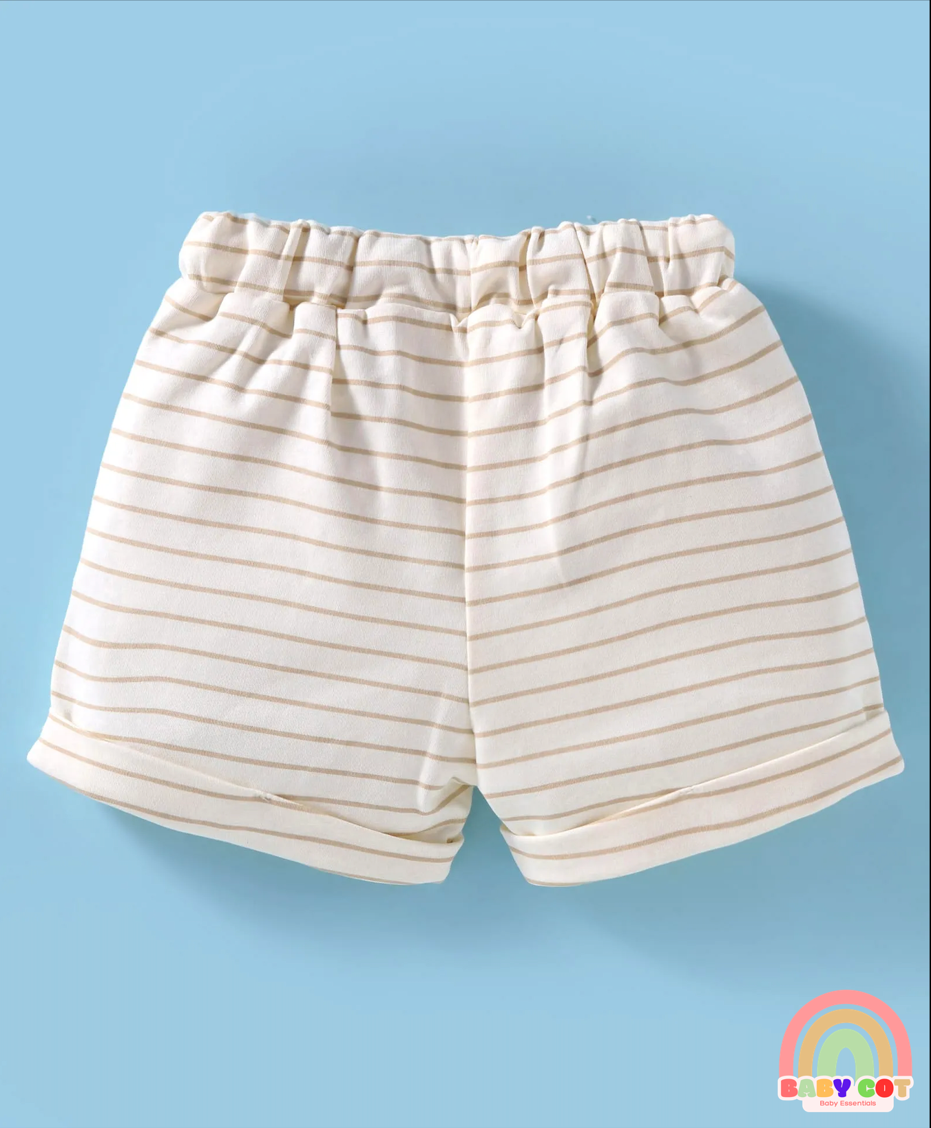 Interlock Knit Half Sleeves Striped T-Shirt & Shorts Set With Animal Print - Cream