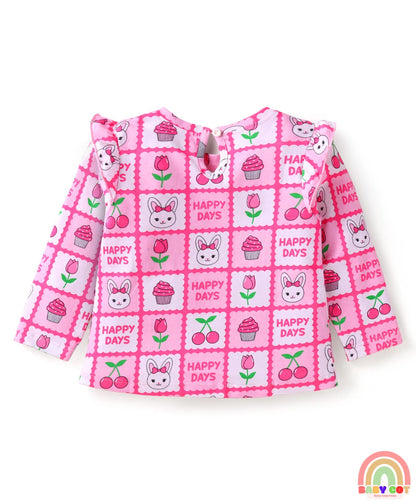 Cotton Knit Full Sleeves Hearts & Text Graphics T-Shirts with Frill Detailing Pack of 3 - Dark Pink