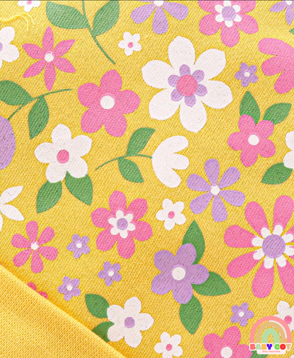 Interlock 100% Cotton Knit Cap Mittens & Booties Set Floral Print - Yellow