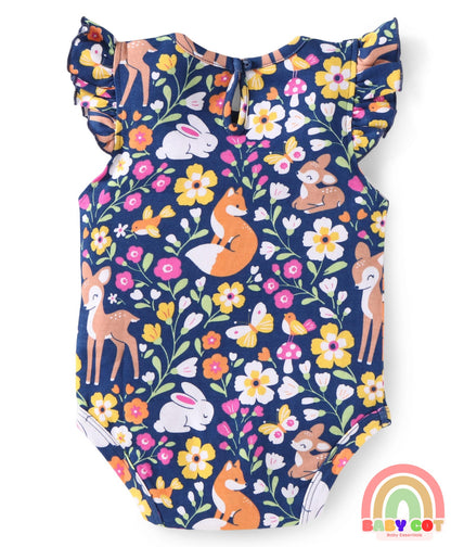 100% Cotton Knit Frill Sleeves Floral & Animal Printed Onesies Pack of 3 - Dark Pink Navy & Orange
