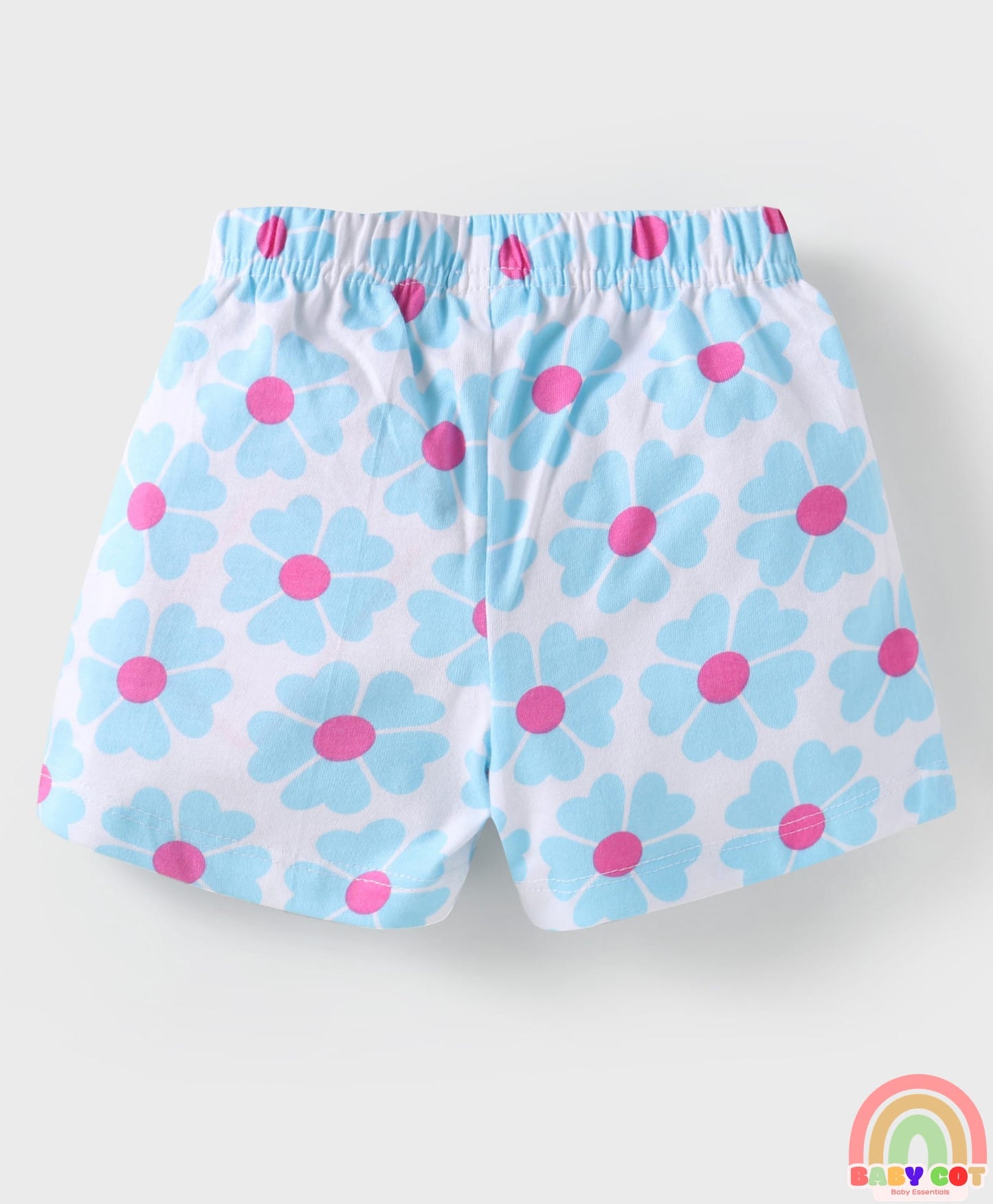 Cotton Knit Mid Thigh Shorts with Floral & Heart Print with Bow Applique Pack of 3 - Pink & Light Blue