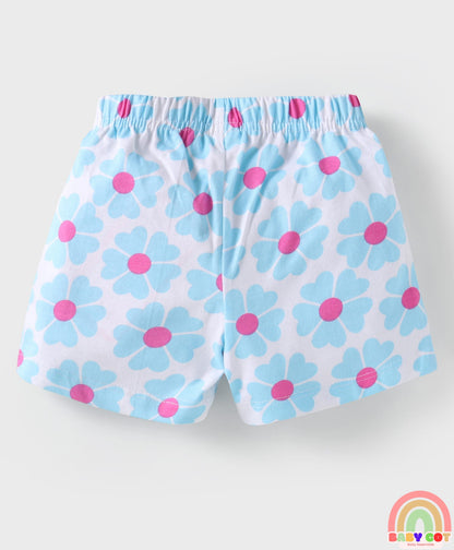Cotton Knit Mid Thigh Shorts with Floral & Heart Print with Bow Applique Pack of 3 - Pink & Light Blue