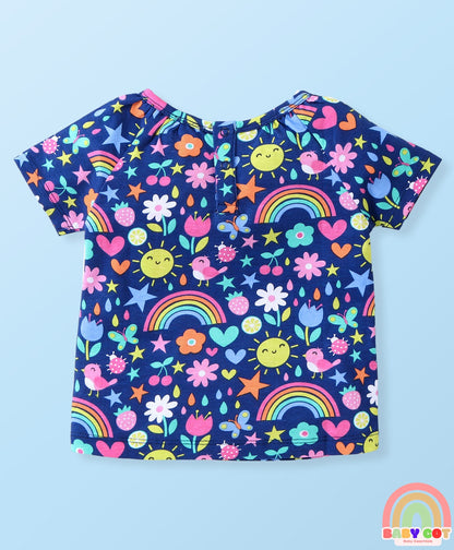 Single Jersey Sleeveless & Half Sleeves Tops with Shorts Set Floral Print - Multicolor